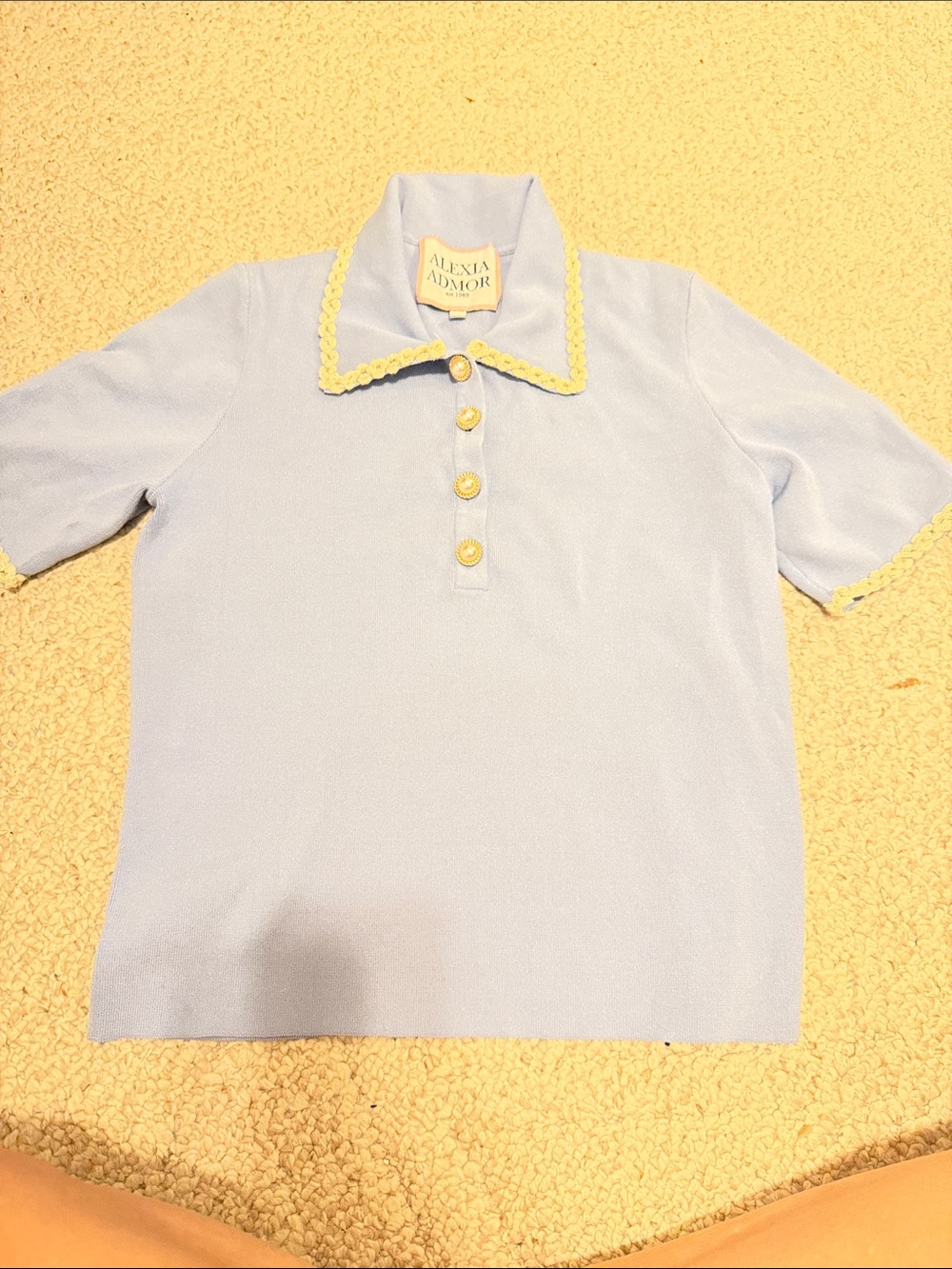 Alexia Admor Light Blue Polo Top with beige gold Yellow Trim